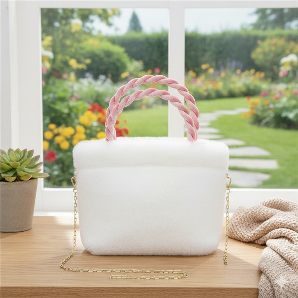 Soft Plush Handbag with Pink Braided Handles ZTS-CR-119