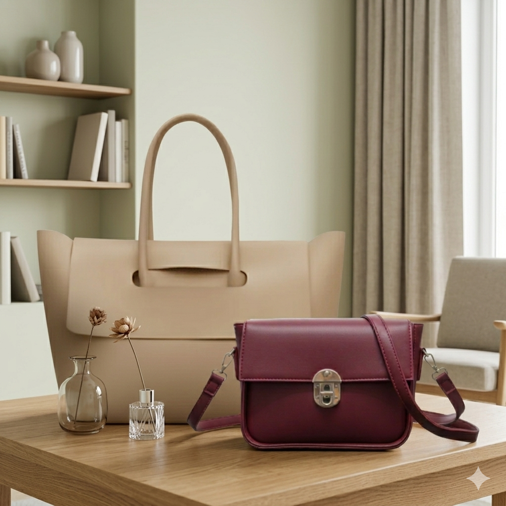 Elegant 2-Piece Handbag Collection: Beige Oversized Tote + Deep Red Sling Bag 066 / 075