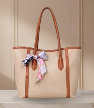 Luxury Beige & Tan Scarf Tote Bag With Scarf Decorated in Pakistan ZTS-CR-078