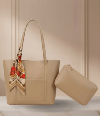 Trendy Brown Tote Bag with Scarf & Pouch ZTS-CR-049