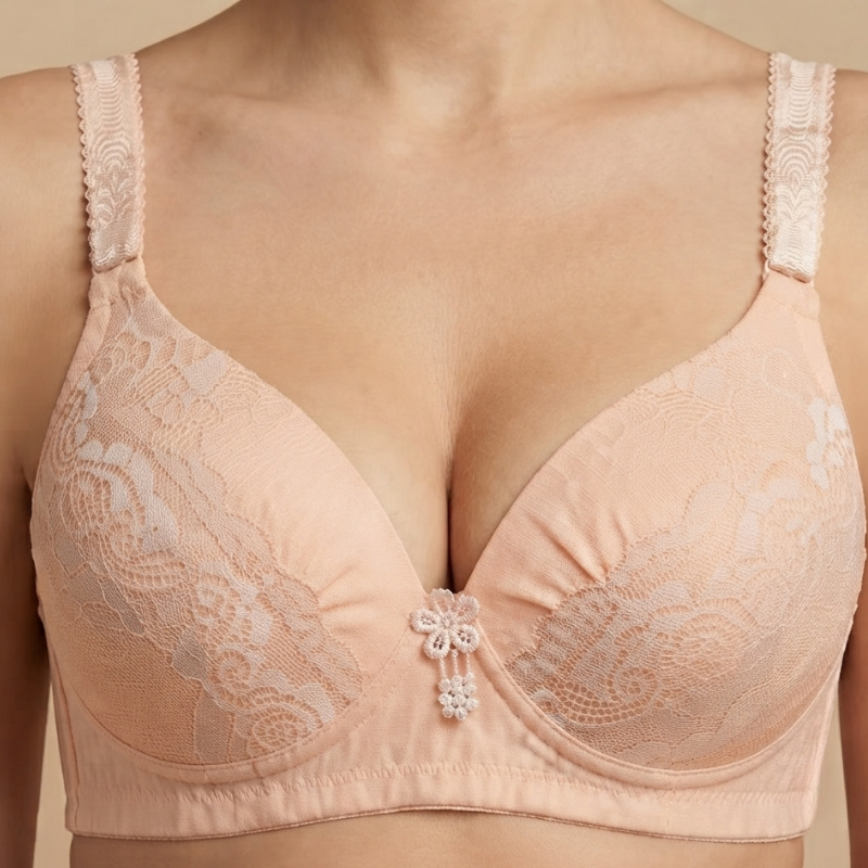 Elegant Floral Lace Full-Coverage Cotton   Comfort Bra - Peach/Apricot