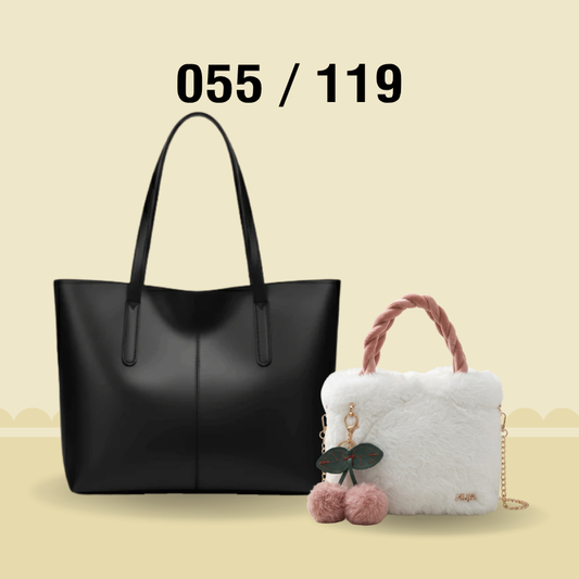 2 Piece Combo Deal - Black Shoulder Tote Bag & White Faux Fur Crossbody Bag 055 / 119