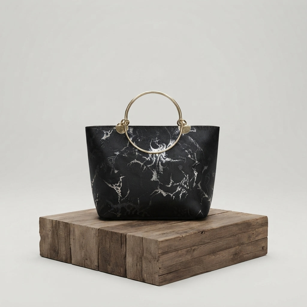 Chic Blue Metallic-Print Handbag with Ring Handles ZTS-CR-176