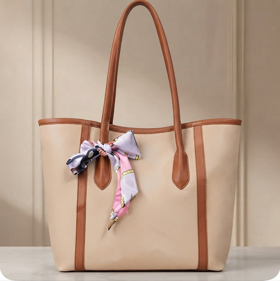 Luxury Beige & Tan Scarf Tote Bag With Scarf Decorated in Pakistan ZTS-CR-078