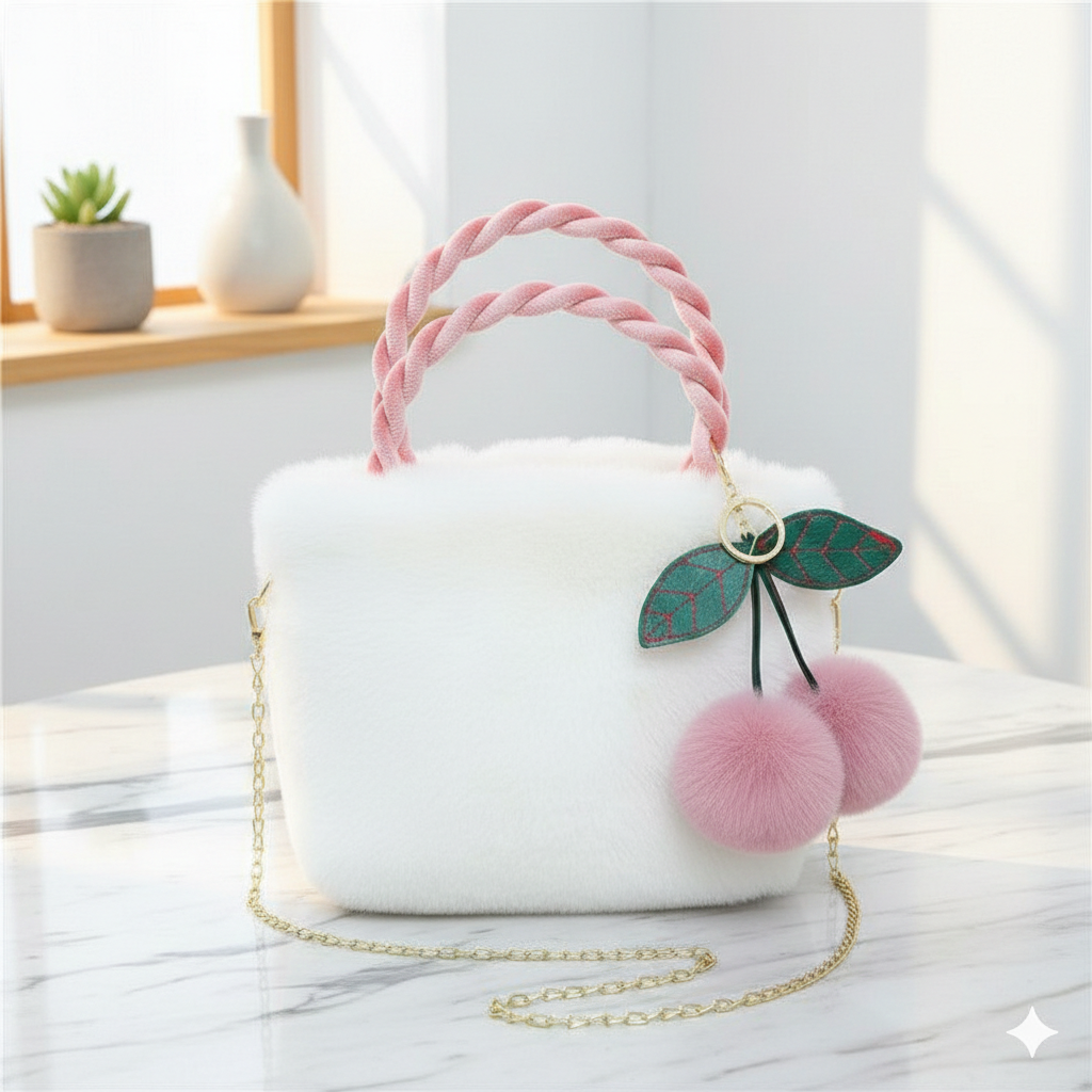 Soft Plush Handbag with Pink Braided Handles ZTS-CR-119