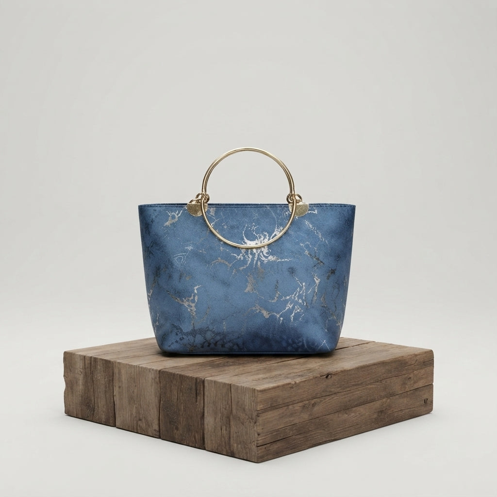 Chic Blue Metallic-Print Handbag with Ring Handles ZTS-CR-176
