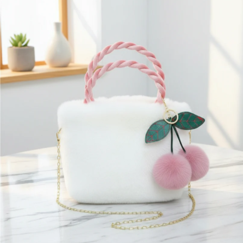 Soft Plush Handbag with Pink Braided Handles ZTS-CR-119