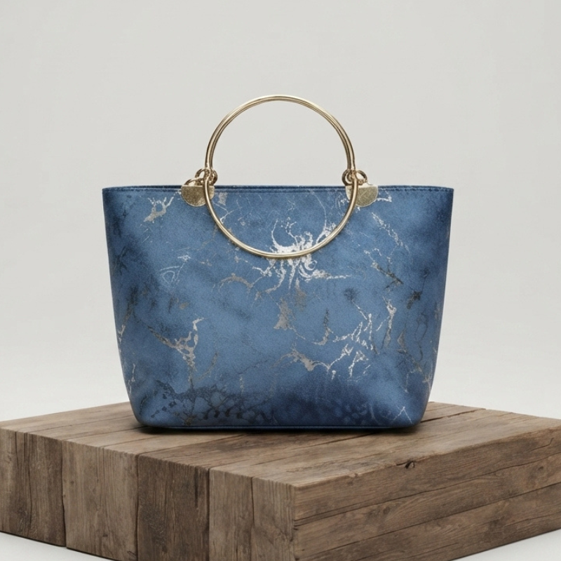 Chic Blue Metallic-Print Handbag with Ring Handles ZTS-CR-176