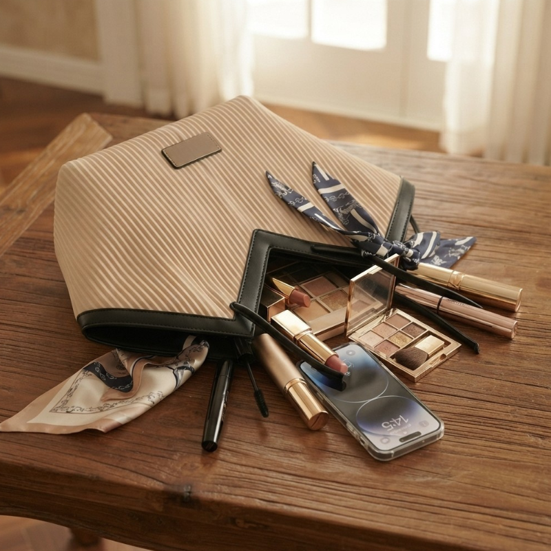 Luxury Ribbon-Accent Pleated Tote Bag (ZTS-CR-045)