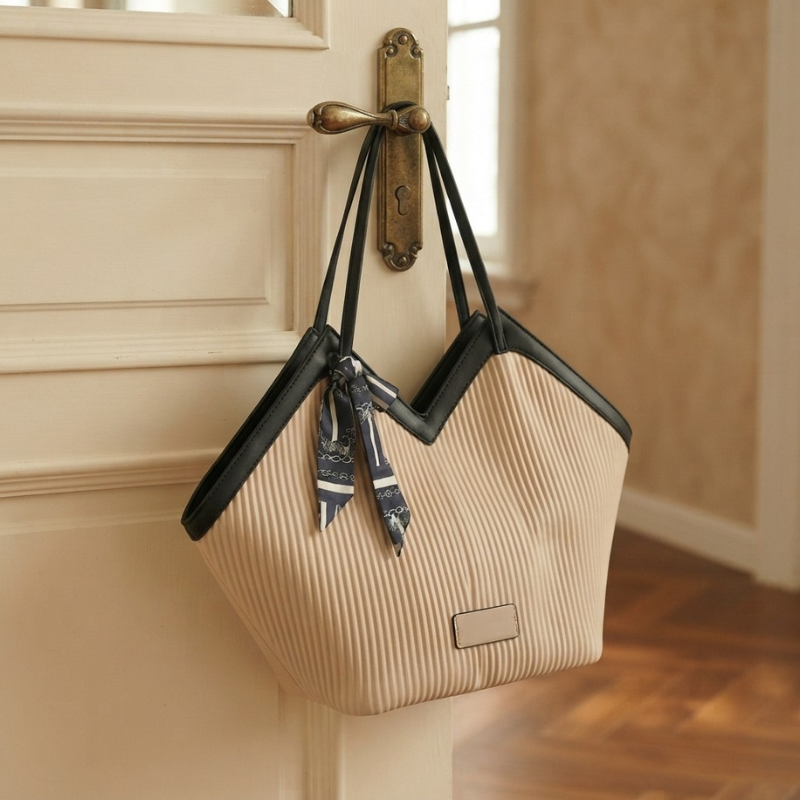 Luxury Ribbon-Accent Pleated Tote Bag (ZTS-CR-045)