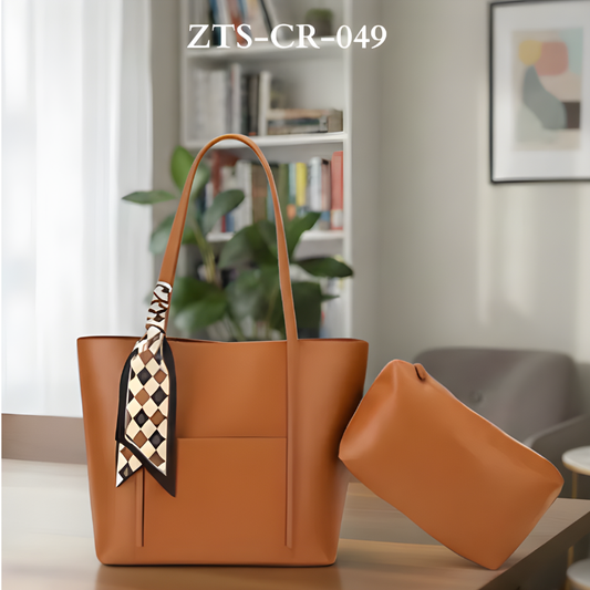Trendy Brown Tote Bag with Scarf & Pouch ZTS-CR-049