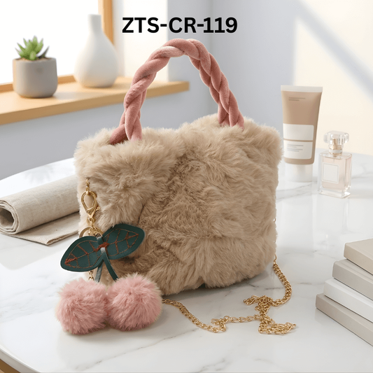 Luxury Fur Handbag with Pink Braided Handles ZTS-CR-119