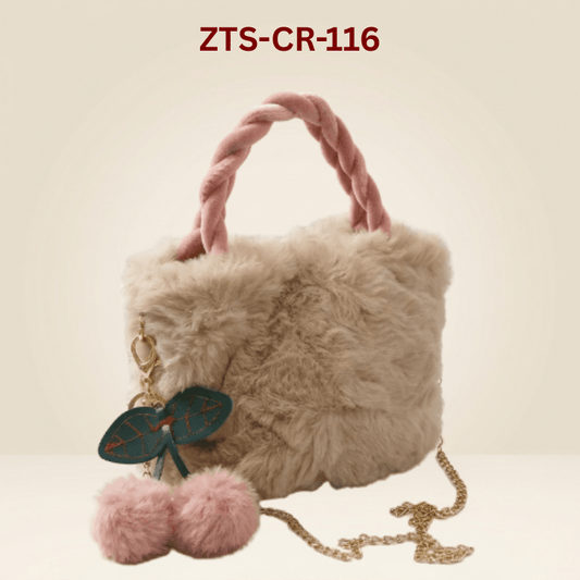 Luxury Fur Handbag with Pink Braided Handles ZTS-CR-119