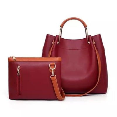 ZTS 2 Pcs Simple Contrast Color Handbag Tote Shoulder Bag PU Large Capacity Handbags Set - Zeenat Style